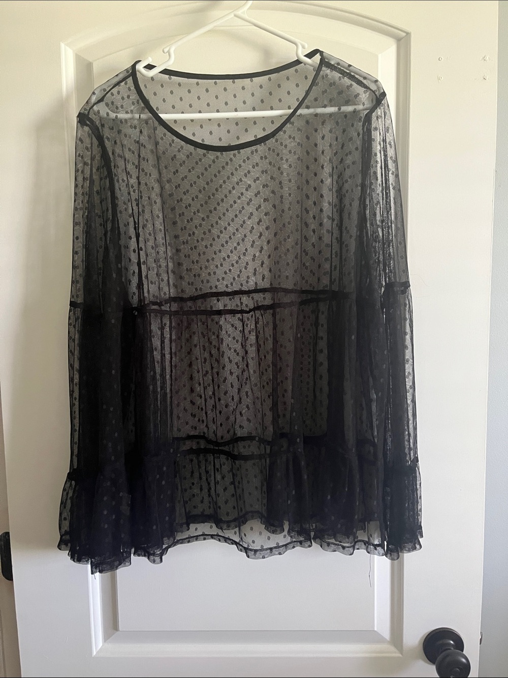 SHEIN Black Sheer Polka Dot Ruffle Tiered Blouse
